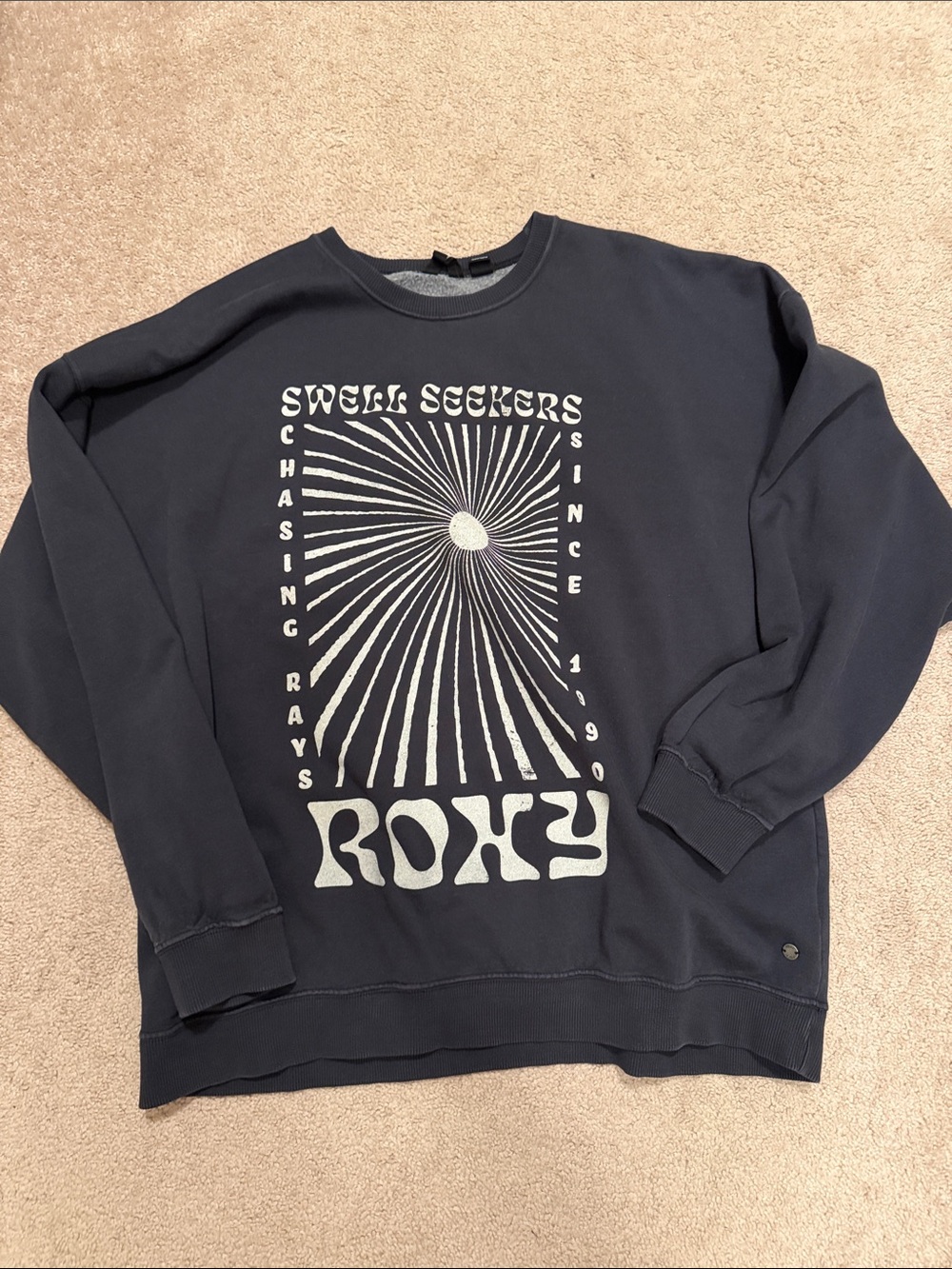 Roxy Navy Crewneck Sweatshirt with Cream Graphic oversized